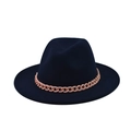 Detail of dark blue wool fedora hat featuring a chunky pink chain decorative band - Navy Blue (23)