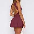 Elegant backless ruched mini dress in a deep red solid color for a sophisticated look - S / Burgundy
