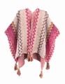 Pink bohemian knit poncho shawl with wave patterns and fringe trim for travel - Cardigans / Sakura Pink