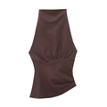 Women's backless halter neck top in dark brown featuring slim fit and side ruching - S / Coffee