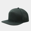 Detail of laser-cut ventilation holes on a premium 7-panel flat brim baseball cap - Dark Green