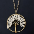Detailed close-up of handmade gold tree of life pendant with natural clear crystal stones - Gold + Clear Quartz