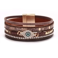 Bohemian multi-layer brown leather bracelet with leopard print and evil eye charm - Bohemian Coffee Evil Eye