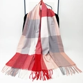 Thick plaid winter scarf in red and pink faux cashmere with soft fringe details - Red Plaid