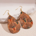 Detail of teardrop leather earrings with peacock feather pattern on textured stone - Fan Shape (Peacock Feather Pattern) / Ear Hook-Blue Fan