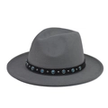 Close-up of wide brim fedora with turquoise gemstone chain and silver stud details - Gray