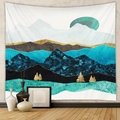 Abstract mountain wall tapestry with teal sun and golden trees in a modern room setup - Geometric Mountains Teal Round Sun (GT428-4)