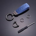 Blue braided suede car keychain with gunmetal buckle, horseshoe D-ring, and tools - Sapphire Blue