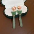 Elegant Chinese style drop earrings with pink cat-eye stone and green resin butterfly - 43# Pink Cat Eye Gold Alloy Green Waterdrop