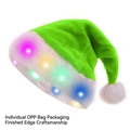 Green plush LED Christmas hat with white fur trim and individual OPP bag packaging - Green Plush Light-up Hat (Multicolor LED)