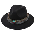 Detailed view of Tibetan wide-brim fedora with ethnic beaded band and turquoise stone - Kids One Size (54cm) / Black