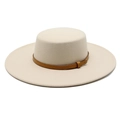 Flat top wool fedora hat with 10cm wide brim and brown snakeskin leather band - M (56-58cm) / Beige