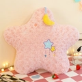 Plush pink star pillow with rose texture and moon pendant on a cozy checkered table - Star Pillow / Pink