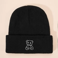 Berretto in maglia nera per bambini con ricamo a forma di orso e design con risvolto - Nero