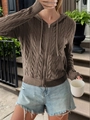 Women's casual brown cable knit hooded cardigan sweater with zipper for autumn winter fashion - S / Coffee