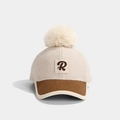 Winter wool baseball cap with beige pom-pom and corduroy brim for children - 52-54cm (3-7 Years) / Letter R-Beige Coffee