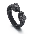 Bracciale da uomo in cavo d'acciaio nero opaco con doppie teste di leone dettagliate - Bracciale Aperto Testa di Leone (KB167195-KFC) / Nero