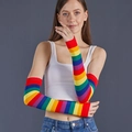 Manicotti lunghi in maglia a righe arcobaleno con fori per il pollice per cosplay - Guanti senza dita bordo rosso / Righe Arcobaleno Bordo Rosso