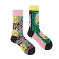 Asymmetric floral and leopard print crew socks with Working text in pink and green - Multi-color Letter Leopard
