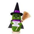 Handmade crochet pickle wizard figurine with hat and cloak on a wooden base - Cloaked Cucumber + Hat + Glasses + Broom + Base