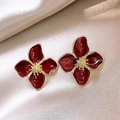 Vintage red flower stud earrings with gold edges on beige silk fabric background - Silver Earring Post Style / Wine Red (Gold Rim)