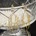 Long drop freshwater pearl earrings with 18k gold plated chains and zircon studs - Geometric Pearl Tassel / Gold