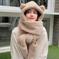3-in-1 beige plush hooded scarf with cute bear ears and integrated gloves for winter - Bear 3-piece Set - Khaki