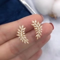 French vintage golden olive leaf stud earrings with white cubic zirconia crystals - Gold