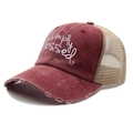 Detailed macro view of simply blessed white embroidery on a burgundy washed cotton cap - One Size / Burgundy