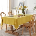 Ginger yellow cotton table cloth with white pom-pom trim and minimalist linen texture - Washed Cotton Yellow + White Pom Pom