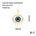 Detailed specs of gold-plated evil eye pendant showing dimensions 22x18mm and 5mm hole - Classic Gold Eyelash Greenish Black Eye Pendant Only (B-3)