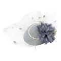 Elegant grey fascinator hat with mesh veil, pearls, fabric flower and feathers in detail - Gray