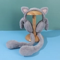 Detailed view of grey plush earmuffs with sequined cat ears and soft hanging pom-poms - One Size / Cat Ears Style / Gray