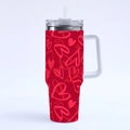 Detail of red 40oz heart pattern tumbler with white handle and straw, macro view - R166 / 40oz