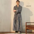 Men's grey flannel long bathrobe with shawl collar and contrast white piping trim - Elegant Grey (Men)
