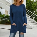 Dark blue long sleeve casual tunic shirt for women with round neck and side pockets - Navy Blue