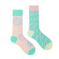 Asymmetric crew socks with pink cat pattern and green geometric dots in colorful cotton - Pink Green Dot Cat