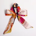 Elegant satin bow scarf with chain pattern and orange pink geometric color blocking - S41-Rose Red Contrast Chain