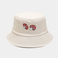 Close-up of mushroom embroidery and stitched brim on beige cotton bucket hat - M (56-58cm) / Beige