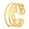 Adjustable gold multi-layer ring featuring clover flower, beads and chain textures - Four-Leaf Clover Chain Style (9417)