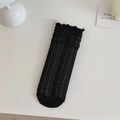 Elegant black lace mesh mid-calf socks with frilled edges and delicate floral patterns - Black Ripple