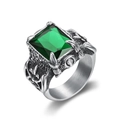 Heren vintage roestvrijstalen ring met vierkante groene edelsteen zijaanzicht - US Maat 8 / Vintage Zilver met Groene Steen
