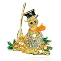 Christmas snowman brooch in gold alloy with clear crystals and a black top hat design - Snowman with Broom