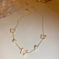 Golden butterfly necklace with white mother-of-pearl charms and pearl beads - Gold (Butterfly Artificial Pearl)