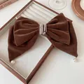 Elegant dark brown velvet bow hair clip with pearl and rhinestone accents - Spring Clips / Brown