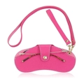 Fuchsia lychee leather glasses pouch with heart button and long neck strap lanyard - Wristlet + Lanyard Style / Rose Red