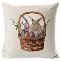 Easter pillow cover with cute bunny in a basket of eggs and tulips on linen fabric - 45*45cm Pillowcase (No Insert) / Pattern ZL2002064-5