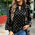 Women's black long sleeve off-shoulder top with gold polka dots and cuffed sleeves - S / Black