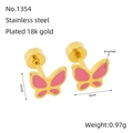 Pink enamel butterfly stud earrings in stainless steel with 18K gold plating - Pink