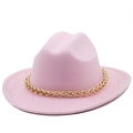 Detail of pink wool felt cowboy hat featuring a bold glossy gold chain accessory - M (56-58cm) / Pink
